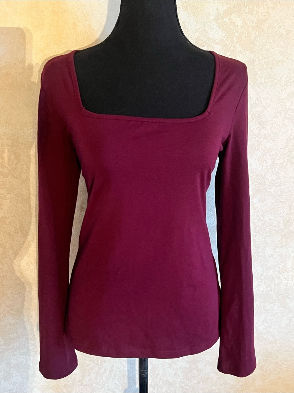 Mango Women's Long Sleeve Square Neck Top - Burgundy Wine